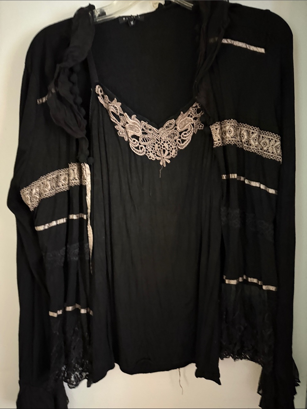 Black Open-Front Cardigan with Cream Lace Trim